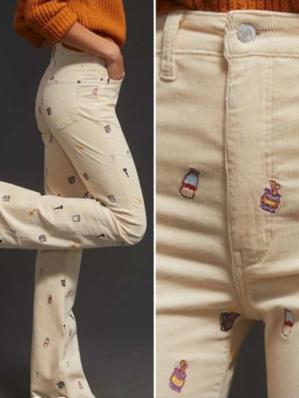 Anthropologie Pilcro The Icon Flare Embroidered Corduroy Pants Sz 28 Tall